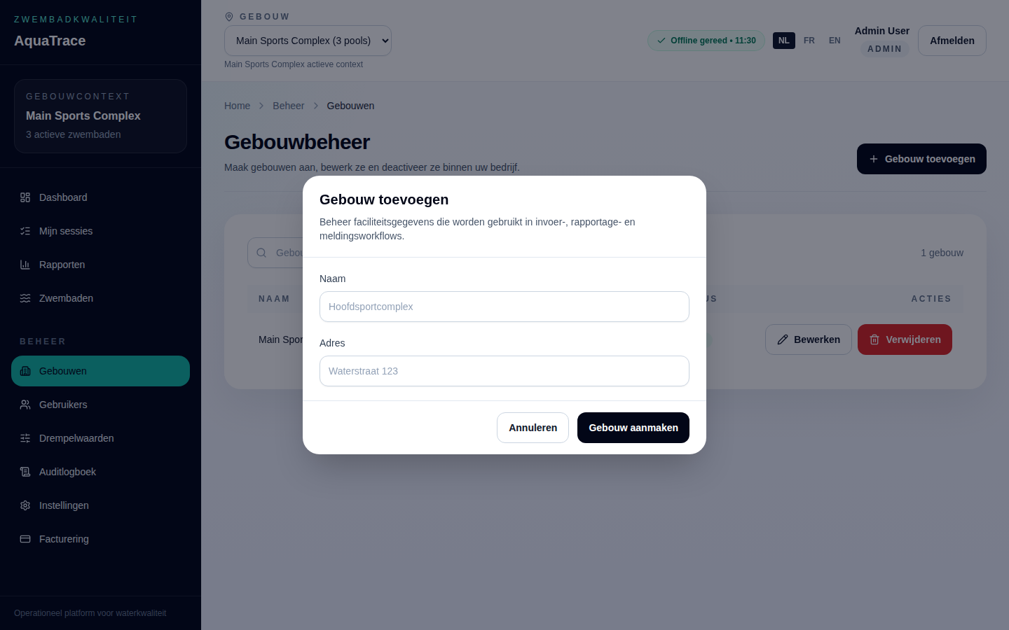 Het formulier om een gebouw aan te maken of te bewerken.